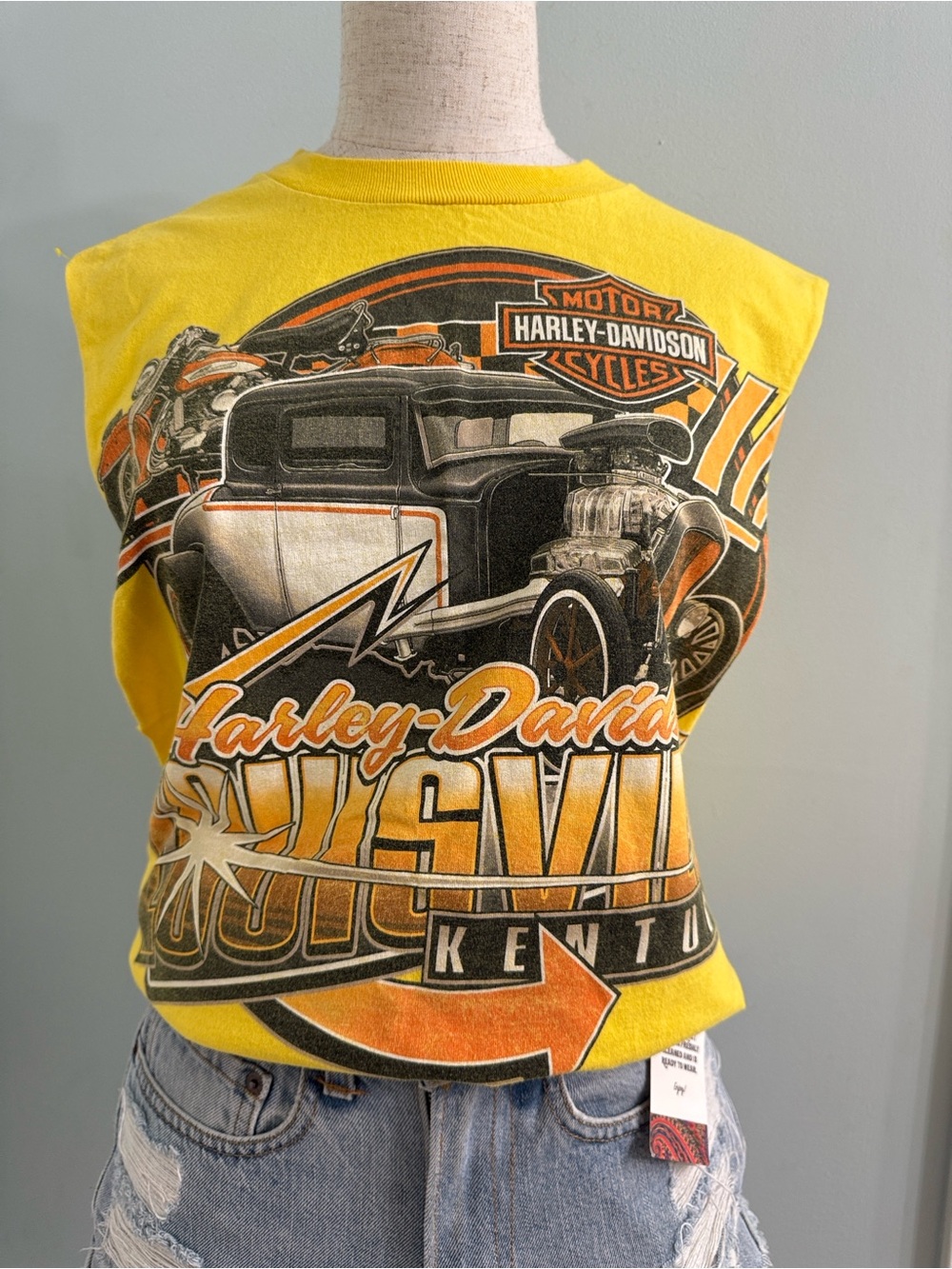 Vintage Harley Davidson Yellow Cut Off Top L